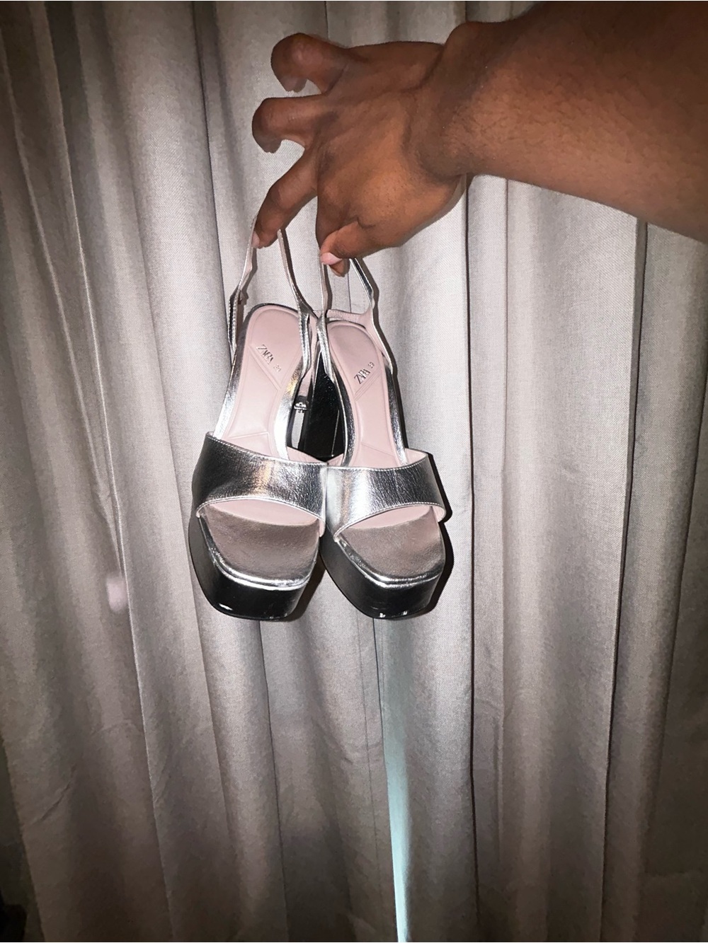 Zara Metallic Silver Platform Slingback Sandals